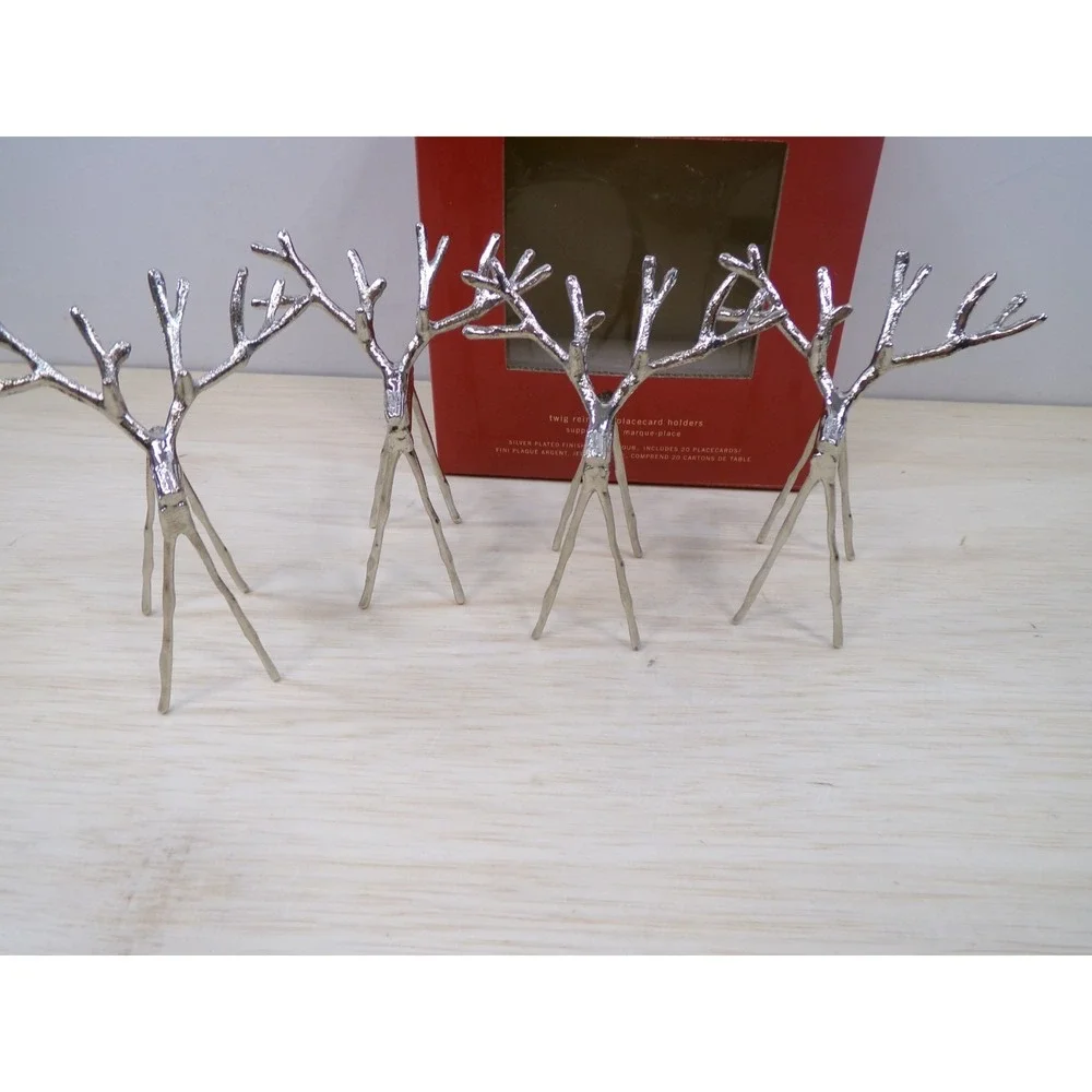 Pottery Barn 4 Twig Reindeer Place Card Holders 20 Cards Silver Tone Christmas